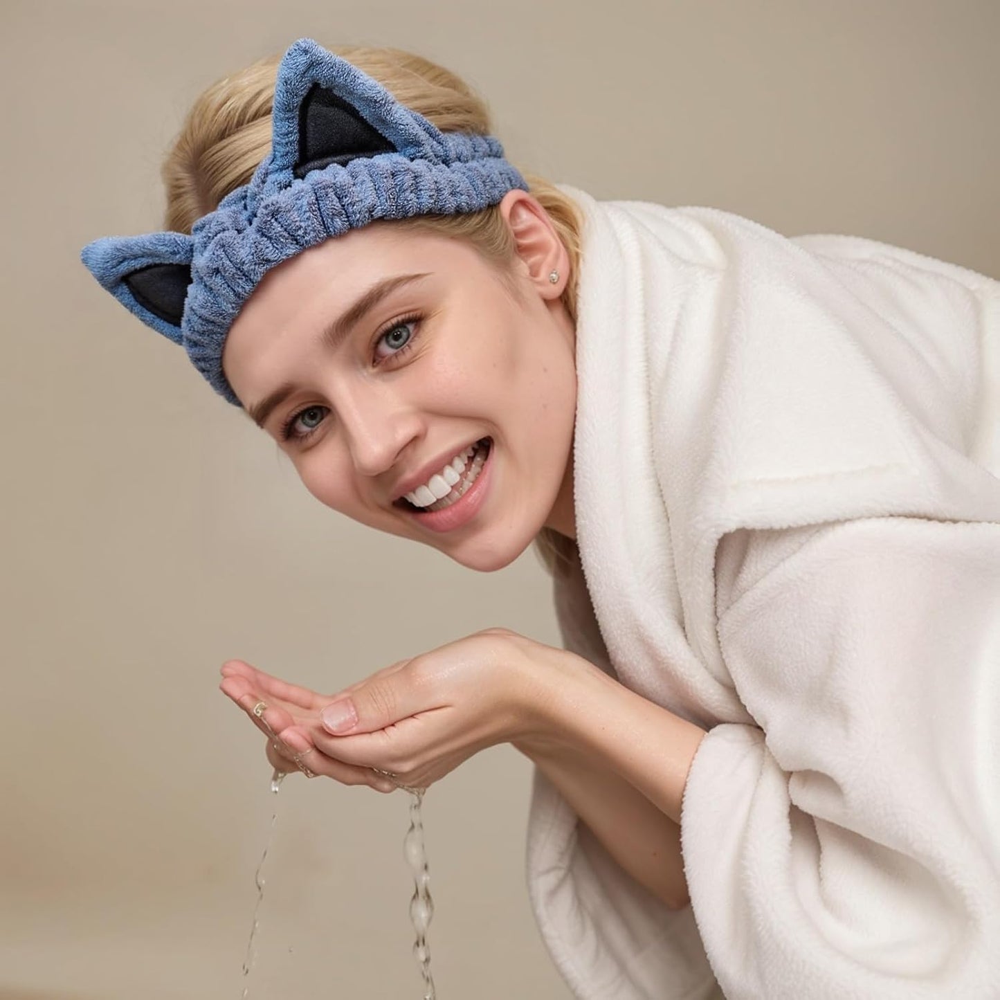 2 Pcs Cat Ears Headband, Cute Spa Headbands for Washing Face Skincare Makeup Headbands for Women Girls Trendy Stuff Present Soft Coral Fleece Hair Accessories(Blue Red)