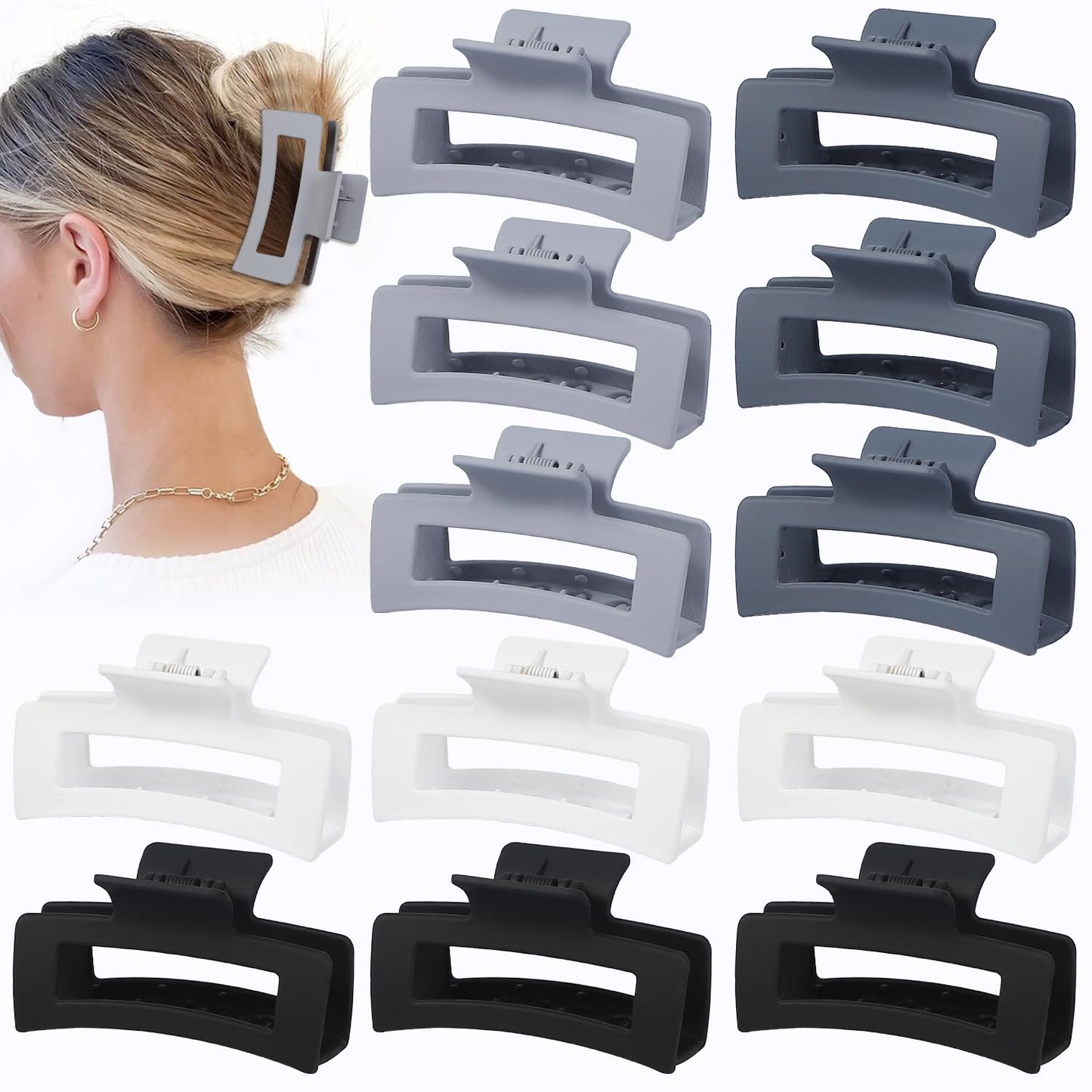 Hair Claw Clips - Medium 3.5 Inch, 12 Pcs Grey Rectangular Jaw Clips for Thick & Thin Hair - Women & Girls