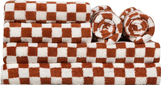 Checkered Bath Towels Set of 6 Large, Microfiber Shower Towels * 2 (55.12"*27.56"), Hand Towels * 4 (29.52"*13.77"),Towels for Bathroom、Pool、Hotel, Spa, Soft Absorbent Quick-Dry（Red