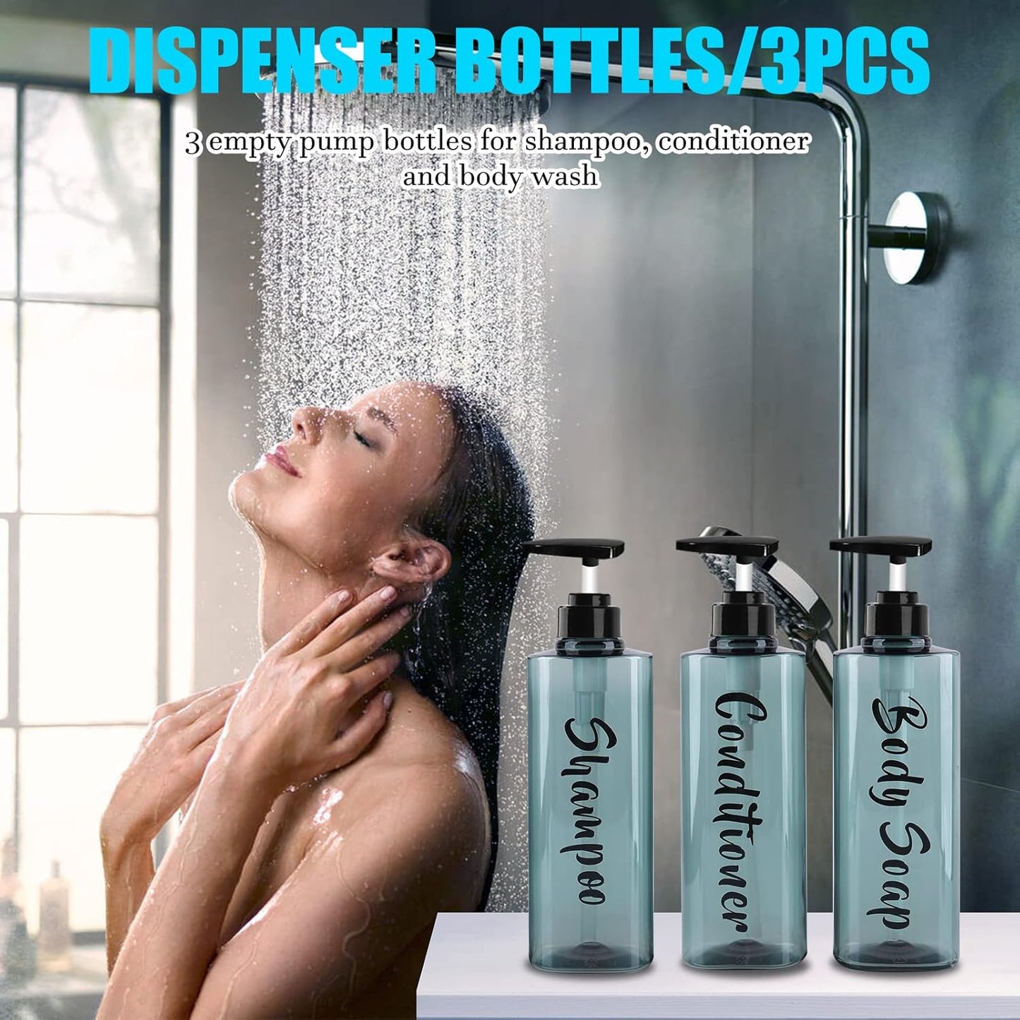 16.9oz Refillable Shower Soap Dispenser with Pump - 3 Chamber No Drill for Shampoo, Conditioner & Body Wash, Blue Clear Plastic Bottle Dispenser, Bathroom Organizer with 6 Waterproof Labels