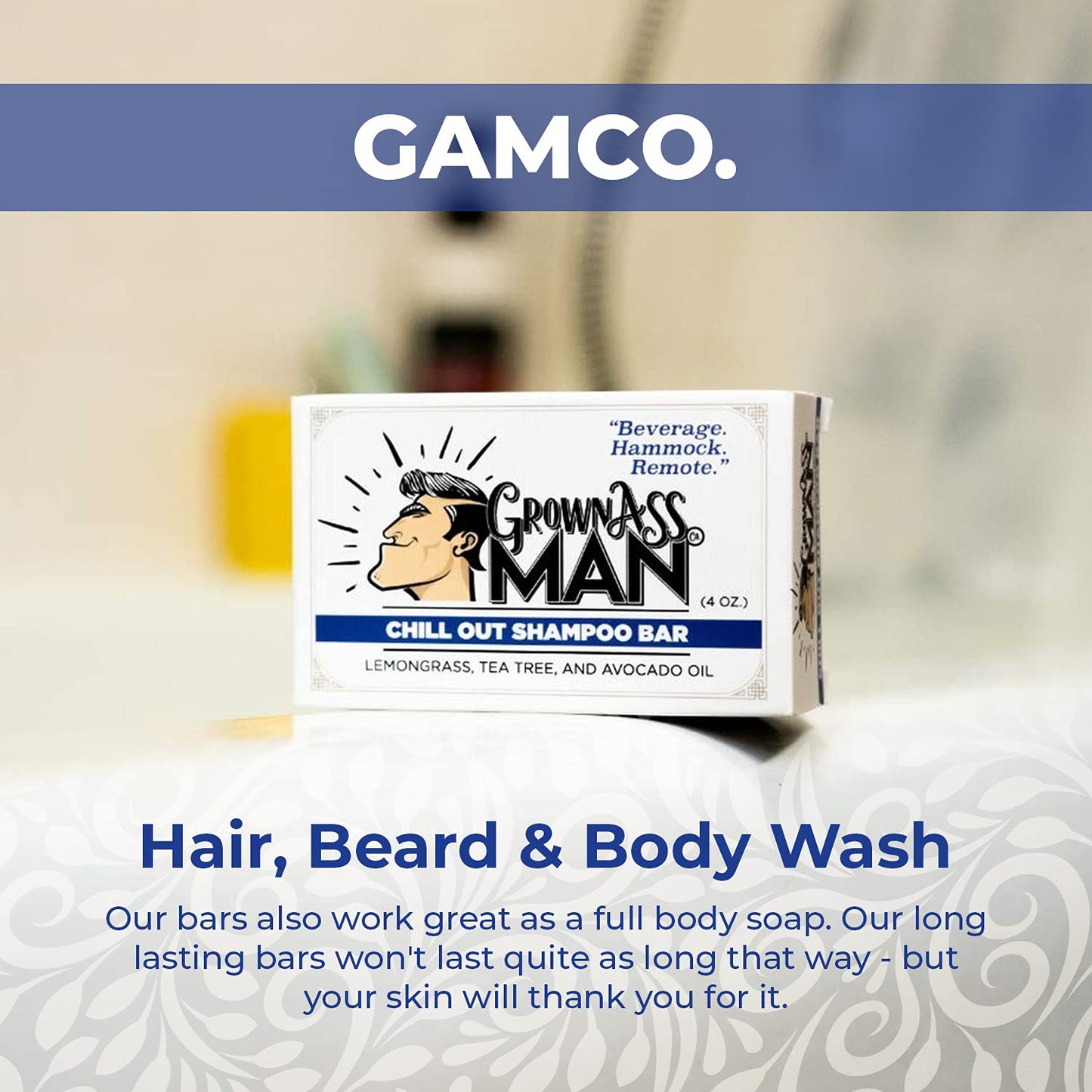 Grown Ass Man Co. - Solid Shampoo Bar Rich Lather 3 in 1: Hair, Beard & Body Wash - Plastic Free & Eco-Friendly, Natural & Organic Clean for All Hair Types, 4oz Bar (Chill Out, 6-Pack)