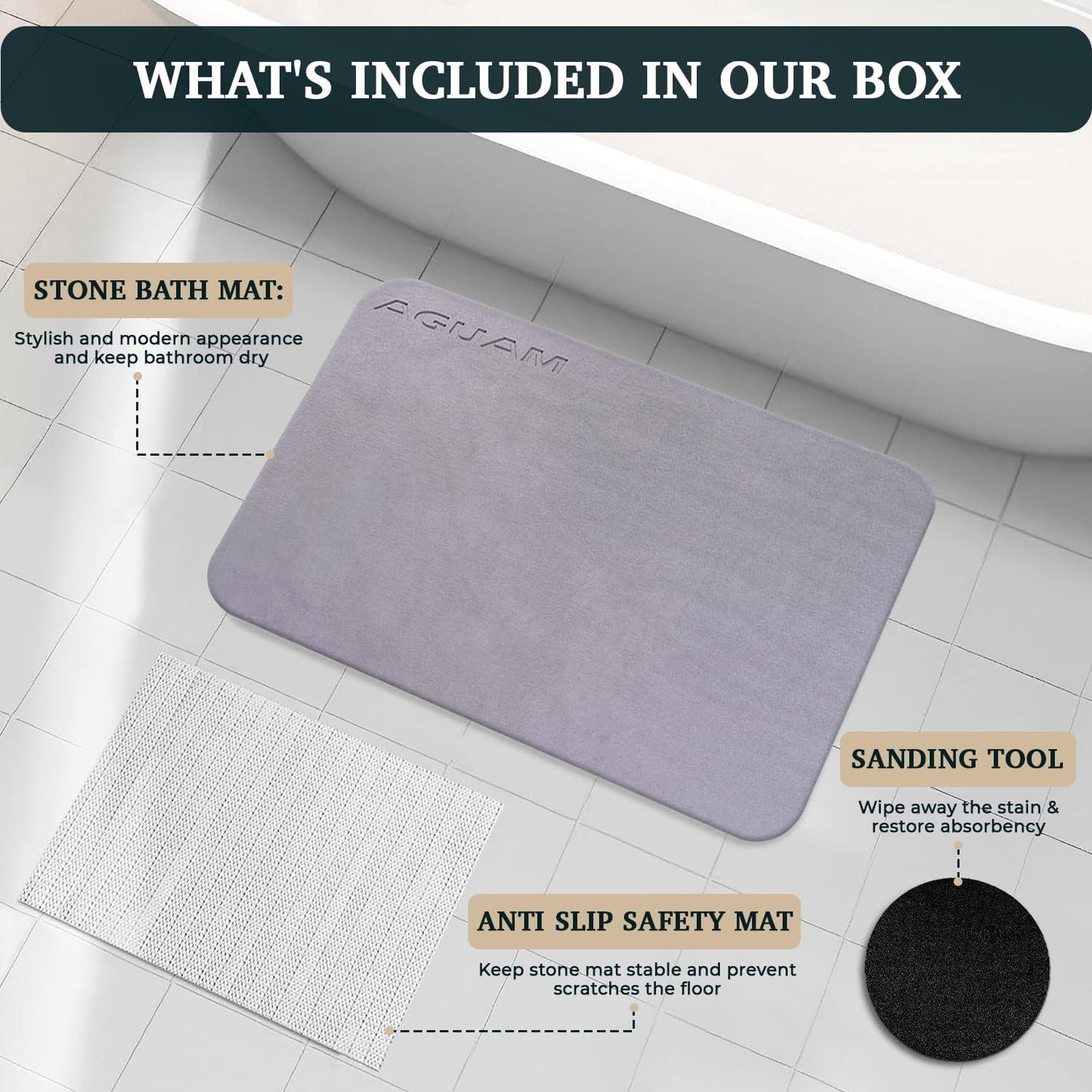 23" x 15" Diatomaceous Earth Shower Non Slip Stone Bath Mat | Quick Dry Super Absorbent Large Mats for Kitchen | Anti-Slip Fast Drying Water Absorbing Stone Bath Mats for Bathroom | Solid Gray