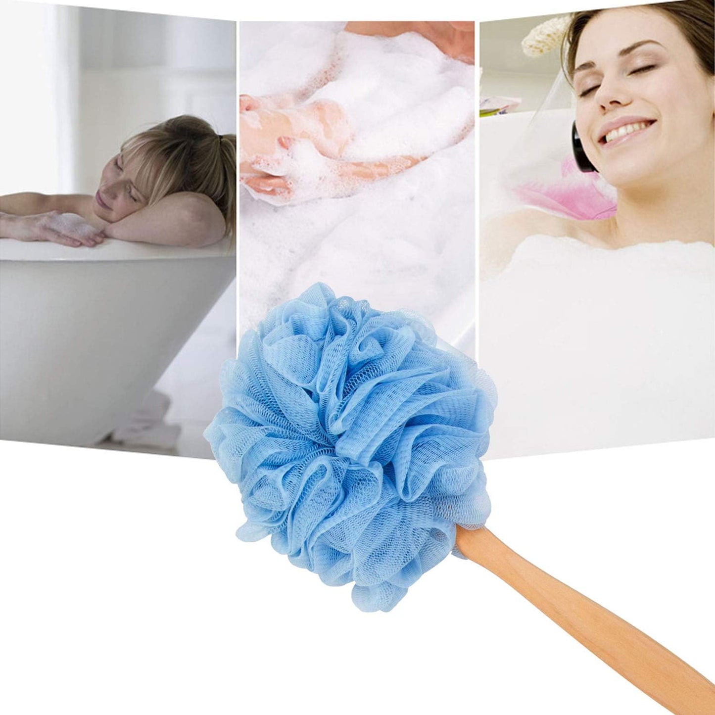 Loofah Back Scrubber for Shower, Wooden Long Handle Bath Sponge Lufa Shower Brush, Soft Nylon Mesh Back Cleaner Washer, Women & Men Exfoliating Luffa Pouf on a Stick for Body (Blue)