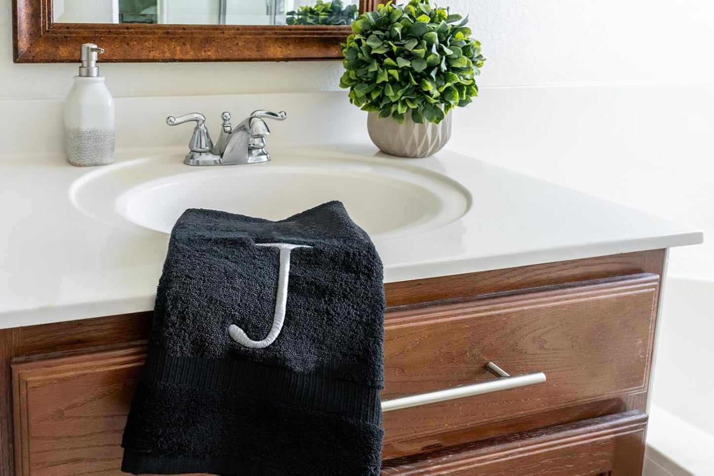 Black Letter Hand Towel for Bathroom - Monogrammed Initial Hotel Quality Decorative Embroidered Towel for Powder Room, Spa - GOTS Organic Certified - Set of 2 Letter J