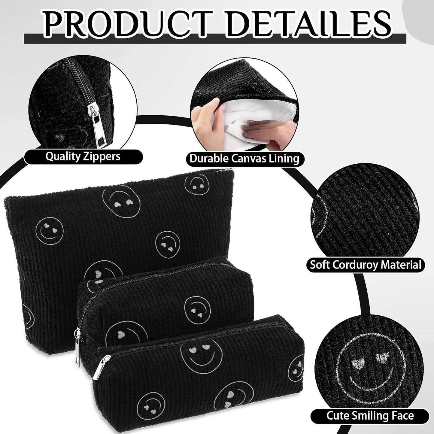 3 Pcs Makeup Bag Set for Women Corduroy Cosmetic Pouch Aesthetic Smile Travel Toiletry Bag Cute Purse Pouch Pencil Case Makeup Brushes Storage Organizer for Christmas(Black,Smile Face)