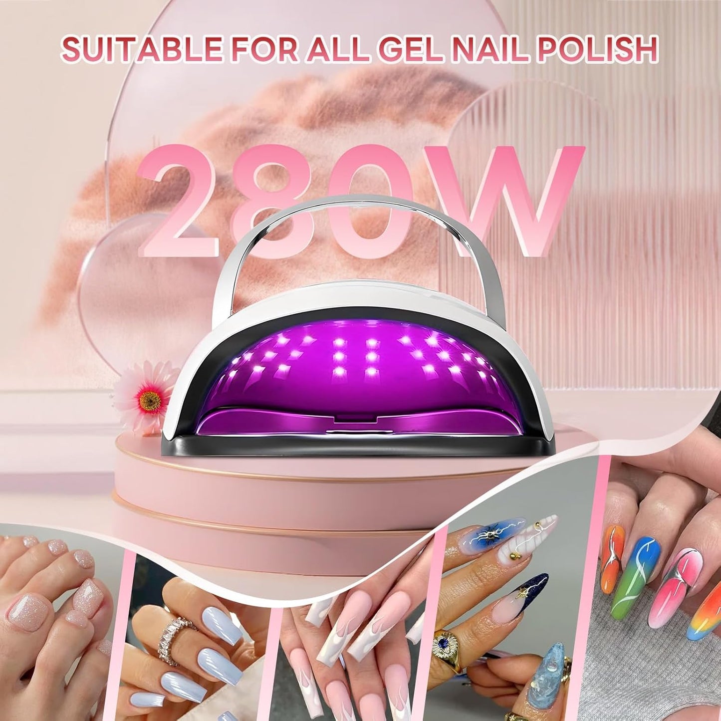 UV LED Nail Lamp, Professional 280W UV Nail Dryer Light for Gel with 66 Beads, Fast Curing Gel Polish Lamp Auto Sensor 4 Timer Setting Portable Nail Art Drying Tools for Fingernail Toenail