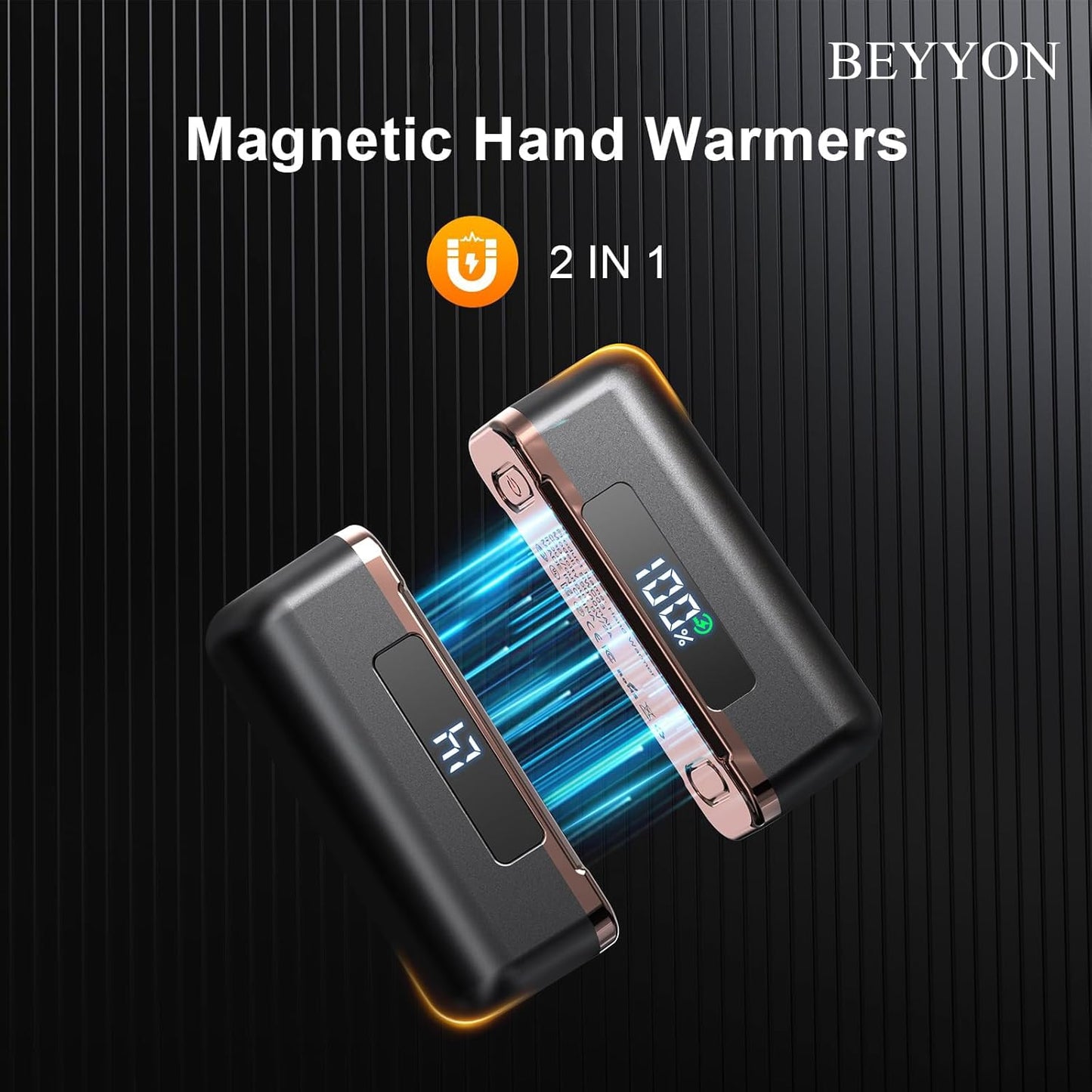 BEYYON Hand Warmers Rechargeable - Magnetic Electric Hand Warmer 2 Pack, 4 Levels Heat Up to 131℉ with LED Display, Portable Reusable Pocket Heater for Raynauds, Golf, Camping, Men, Women