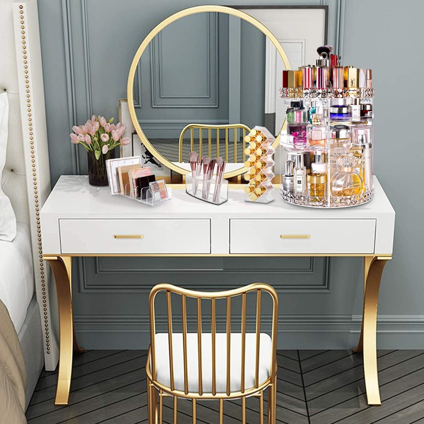 360 Rotating Makeup Organizer Large Perfume Cosmetics Organizer Beauty Organizer Clear Cosmetic Storage Display Case with 7 Layers and Detachable Shelves for Bedroom Dresser or Vanity Countertop