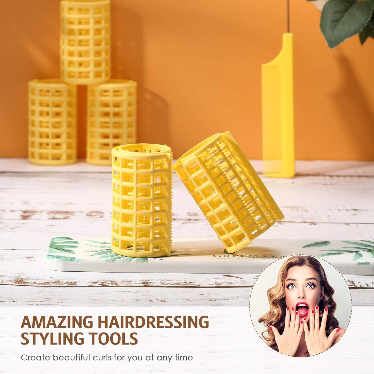 Syhood 12 Pcs Plastic Hair Rollers for Women Large Size Curlers Set Snap Roller Clips with Rat Tail Comb for Long Medium Short Hair Bangs, Salon Hairdressing Styling Tool (2.6 x 1.4 Inch,Yellow)