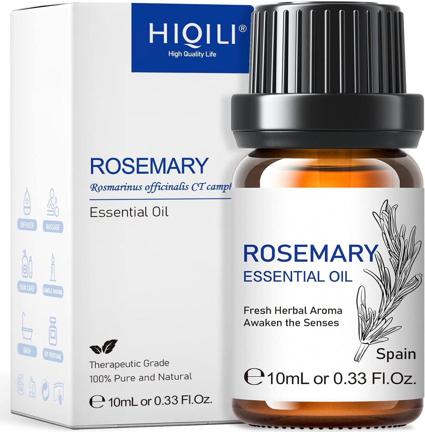 HIQILI Rosemary Oil for Hair Growth, Skin, Scalp, 100% Pure Natural, Add to Shampoo & Conditioner - 0.33 Fl Oz/10 ML