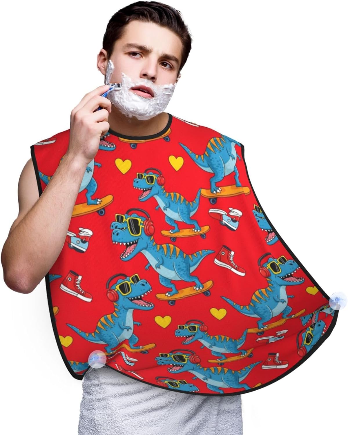 Strong Suction Cup Beard Grooming Bib, Non-Stick Hair Catcher, Waterproof, for Shaving, Cool Funny Skateboard Dinosaur