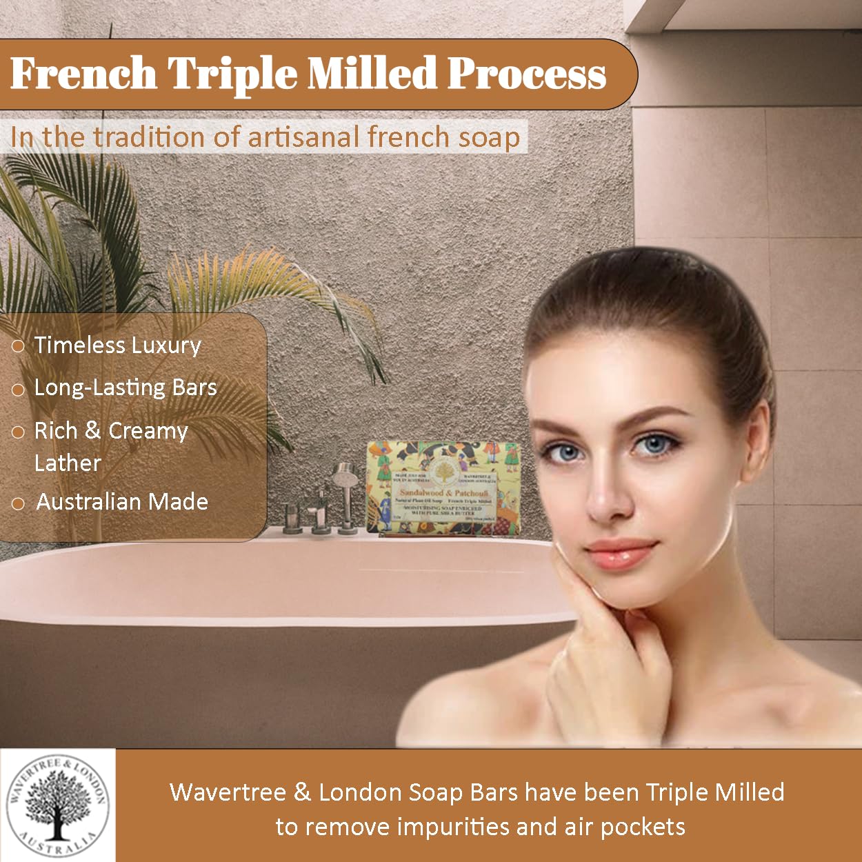 Wavertree & London Sandalwood & Patchouli Scented Natural Soap Bars (Pack of 8), 7oz Moisturizing French Triple Milled Soap Bars enriched with shea butter, Plant Based Safe for All Skin Types