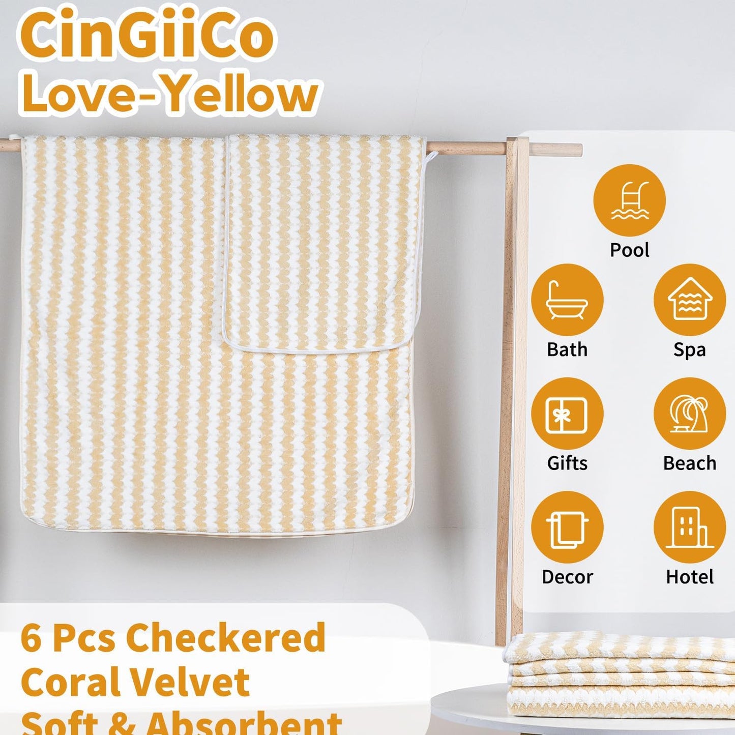 Love Bath Towels Set of 6 Large, Microfiber Bath Towels * 2 (55.12"*27.56"), Hand Towels * 4 (29.52"*13.77"), Luxury Towels for Bathroom, Gym, Hotel, and Spa（Yellow）