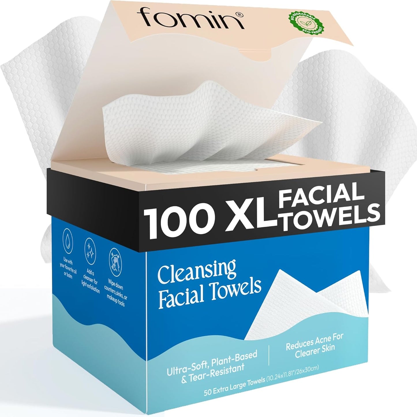 FOMIN Disposable Face Towels - 100 Count (2 Pack) 100% Biodegradable Ultra-Soft Towelette For Washing Face & Makeup Removal, 1ST Certified Vegan & Cruelty Free Facial Washcloth for All Skin Type