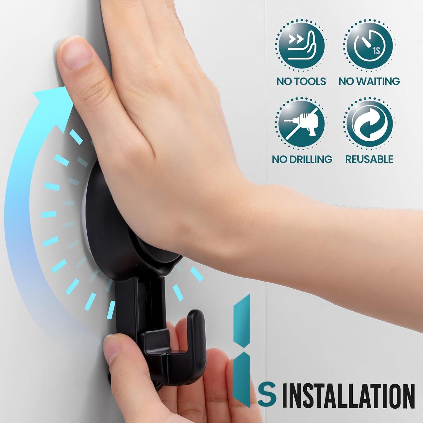 TAILI 4 Pack 360° Rotatable Powerful Suction Cup Shower Hooks for Towel, Loofah, Damage-free Hanging Versatile Wall Hooks for Inside Bathroom, Decoration, Removable Suction Holders, Easy to Use, Black