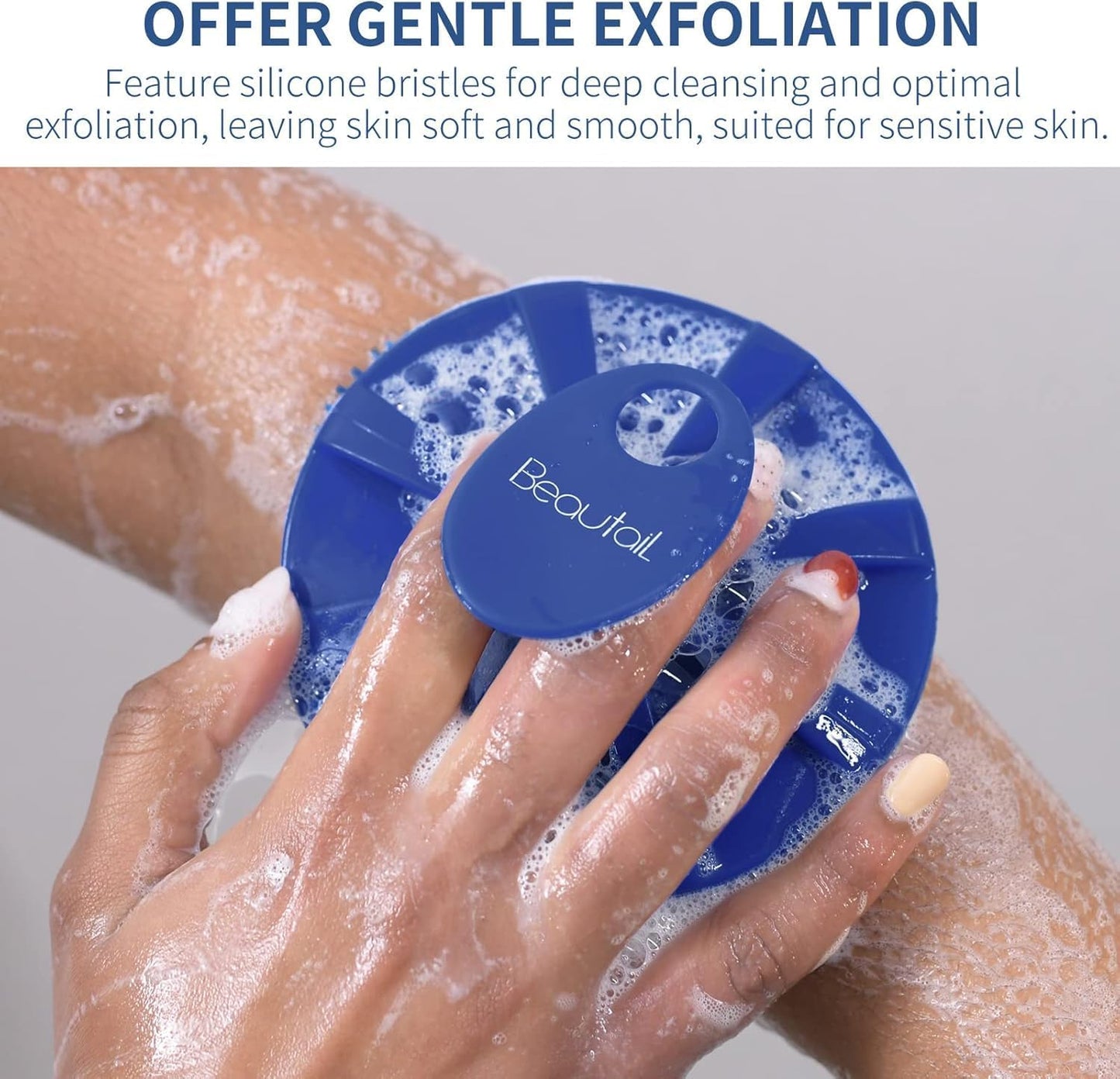 Silicone Body Scrubber 2 Pack, BEAUTAIL Shower Bath Scrubber, More Hygienic Than Traditional Loofah, Lather Nicely, Gentle Exfoliating Brush for Women Men Baby Sensitive Skin, Blue+Rose