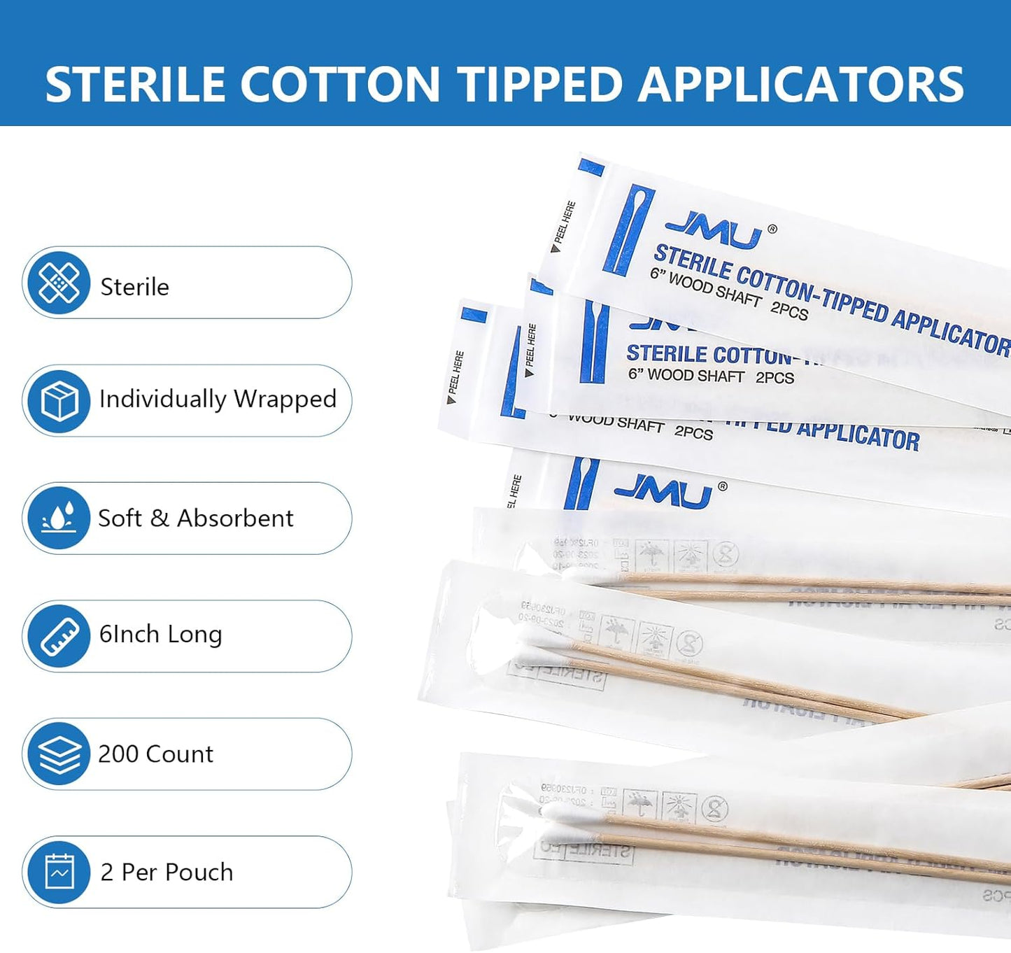 JMU 6 Inch Sterile Cotton Tipped Applicators, 2000 Count Long Cotton Swabs, Wood Shaft Medical Swabs, 10 Boxes