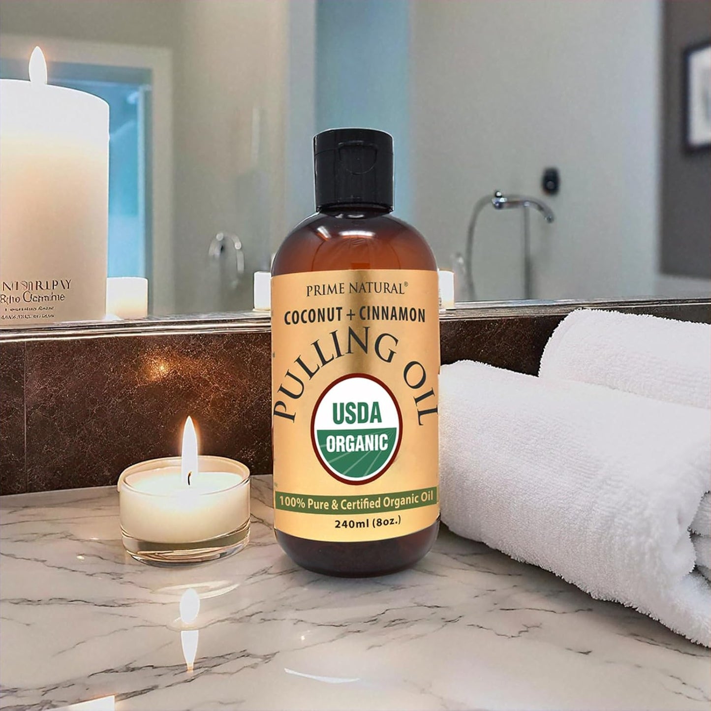 PRIME NATURAL Oil Pulling with Organic Coconut & Organic Cinnamon Bark Oil 8oz - Natural Oral Care & Teeth Whitening - Alcohol Free Mouthwash Freshens Breath, Healthier Teeth & Gums