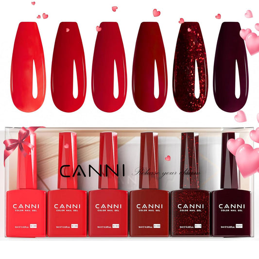 CANNI 6Pcs 9ml Hema-Free Red Gel Nail Polish Set- Dark Red Burgundy Glitter Gel Polish Kit DIY at Home Salon Christmas New Year's Gifts for Girls