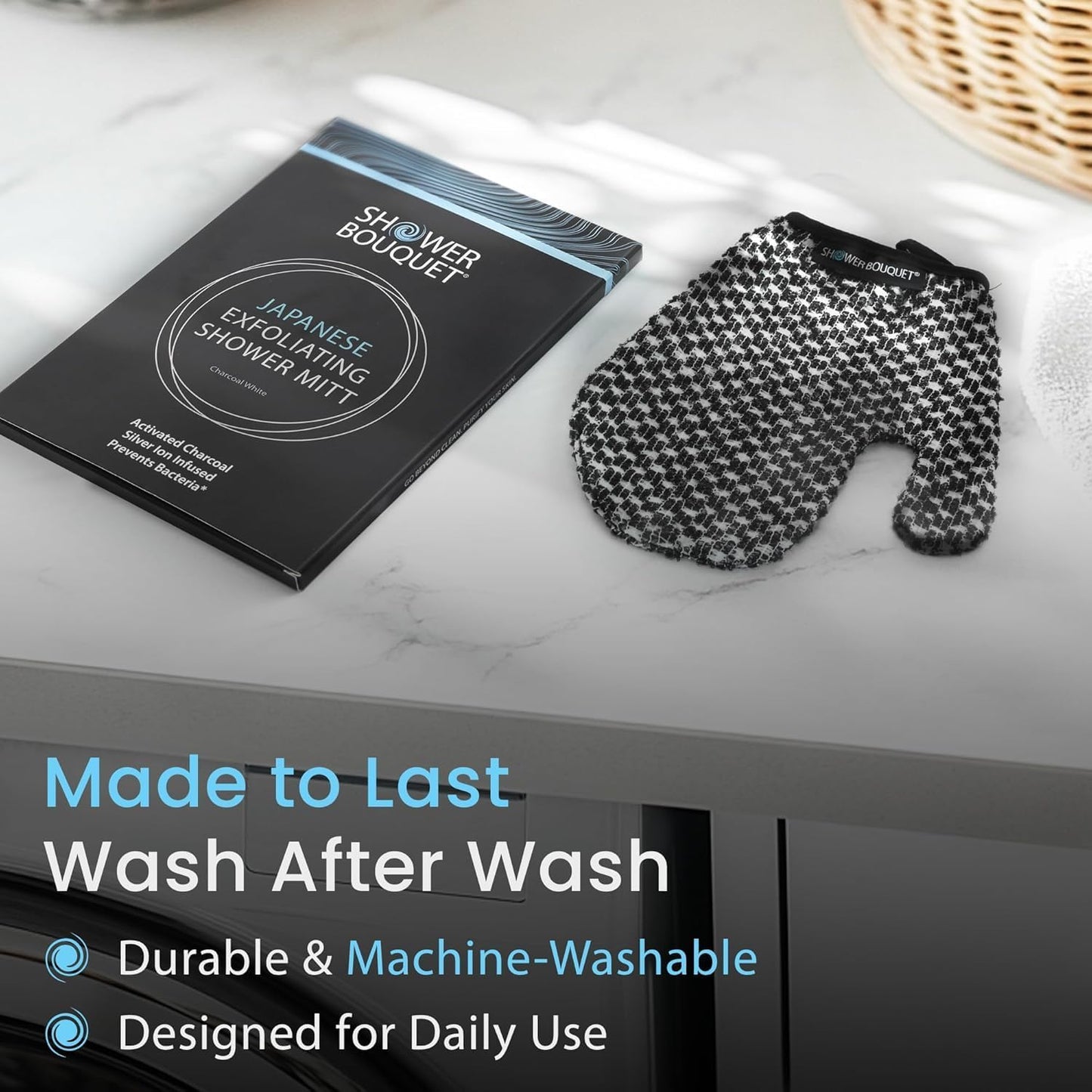 Japanese Exfoliating Mitt 2-Pack - Charcoal & Silver Ion Exfoliating Gloves for Shower - Soft Inner Fabric Gentle Exfoliation & Deep Cleansing Body Scrub Gloves for All Skin Types - 1 White, 1 Blue