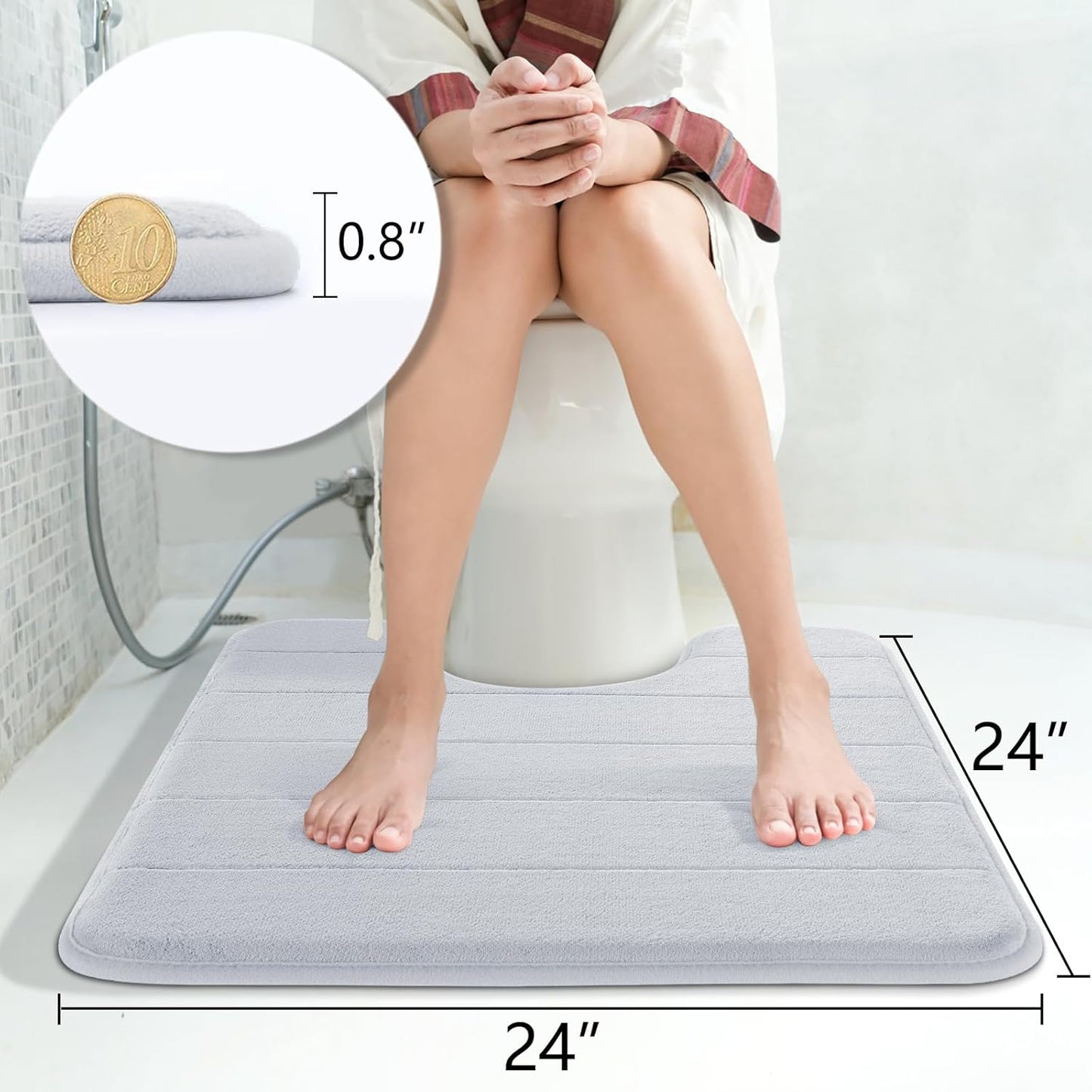 Yimobra Memory Foam Toilet Bath Mat U-Shaped, Soft and Comfortable, Super Water Absorption, Non-Slip, Thick, Machine Wash and Easier to Dry for Bathroom Commode Contour Rug, 24 X 24 Inches, Silver