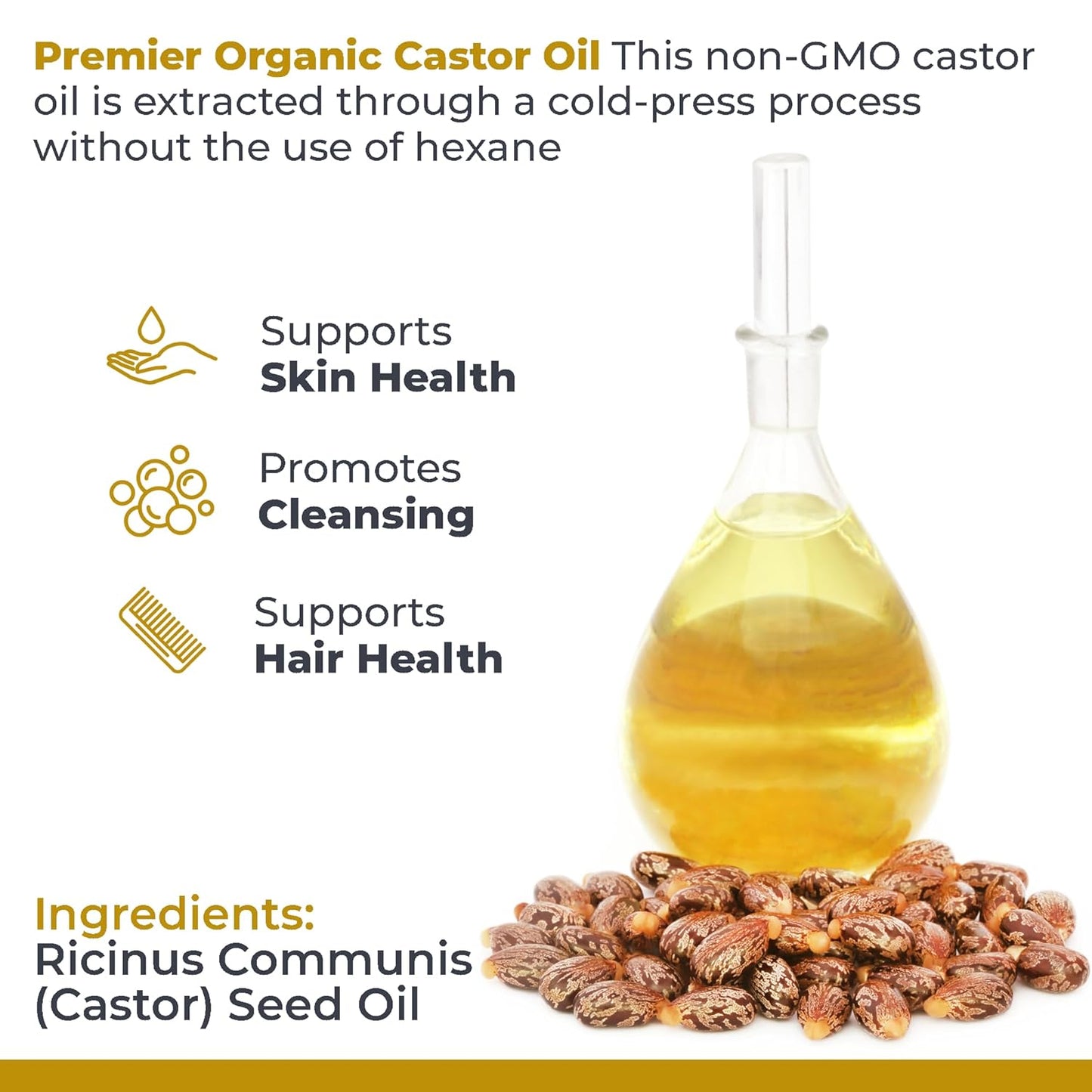 Premier Research Labs Castor Oil - Cold Pressed & Hexane-Free Castor Oil - Body Oil for Dry Skin & Hair - Castor Oil for Body Moisturizer - Pure Vegan & Non-GMO - 8 fl oz