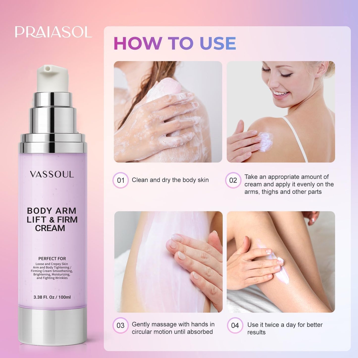 VASSOUL Lift and Firm Arm Cream : Skin Tightening Cream for Body - Firms Loose Skin, Reduces Cellulite on Arms, Thighs & Butt – 100ML