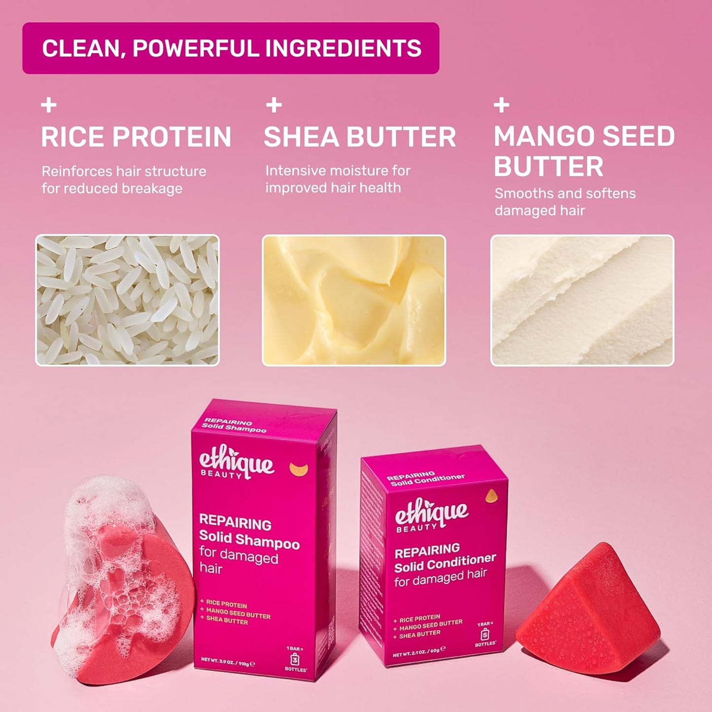 Ethique Beauty Mini Sampler Solid Shampoo & Conditioner Bar Set - Rice Protein Repairing Shampoo & Conditioner