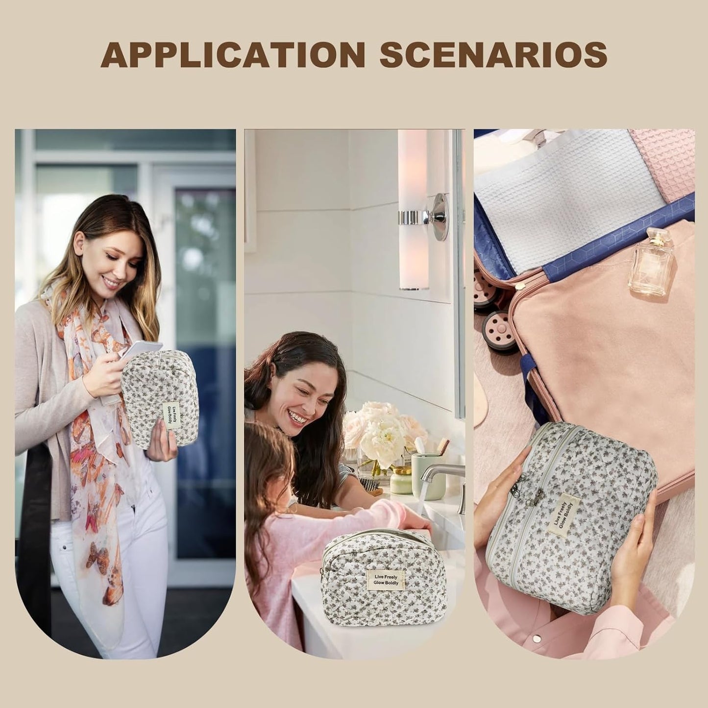 3Pcs Large Travel Quilted Makeup Bag, Double Layer Cute Floral Cotton Toiletry Bag, Aesthetic Flower Cosmetic Bag Coquette Skincare Organizer Bag for Women(75-BlackFloral)