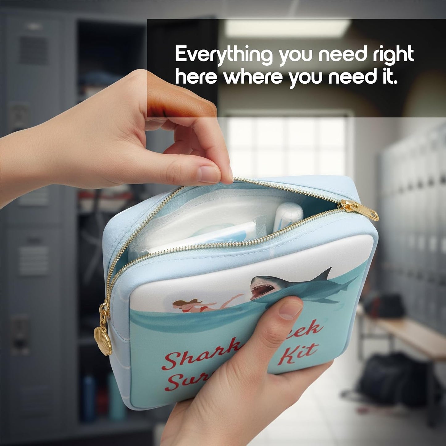 Primo Lines Period Bag for School – Compact Discreet Tampons & Pad Pouch with Waterproof Lining, Cute & Stylish Period Pouches for Teen Girls for School and Travel, First Period Kit (Shark Gifts)