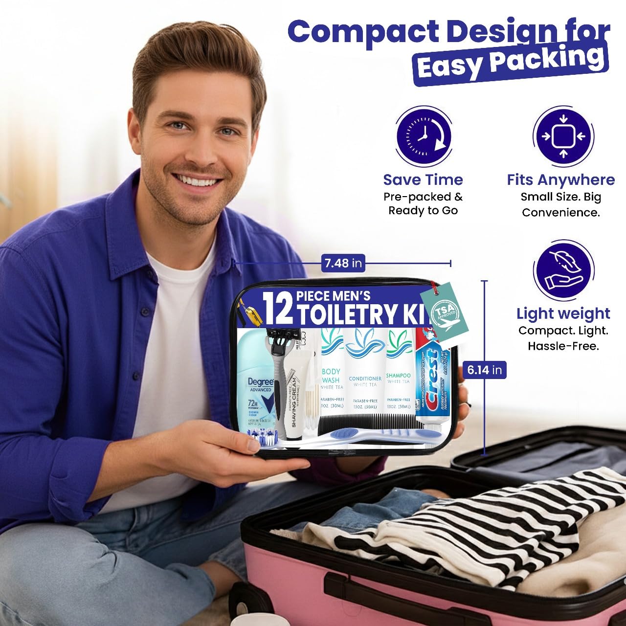 Trektote Bulk Hygiene Kit For Men – (100 Pack) 12 Piece Set Of Travel Size Toiletries, TSA Compliant, Bulk Travel Essentials, Includes Shampoo And Conditioner, Body Wash, Toiletry Bag & More