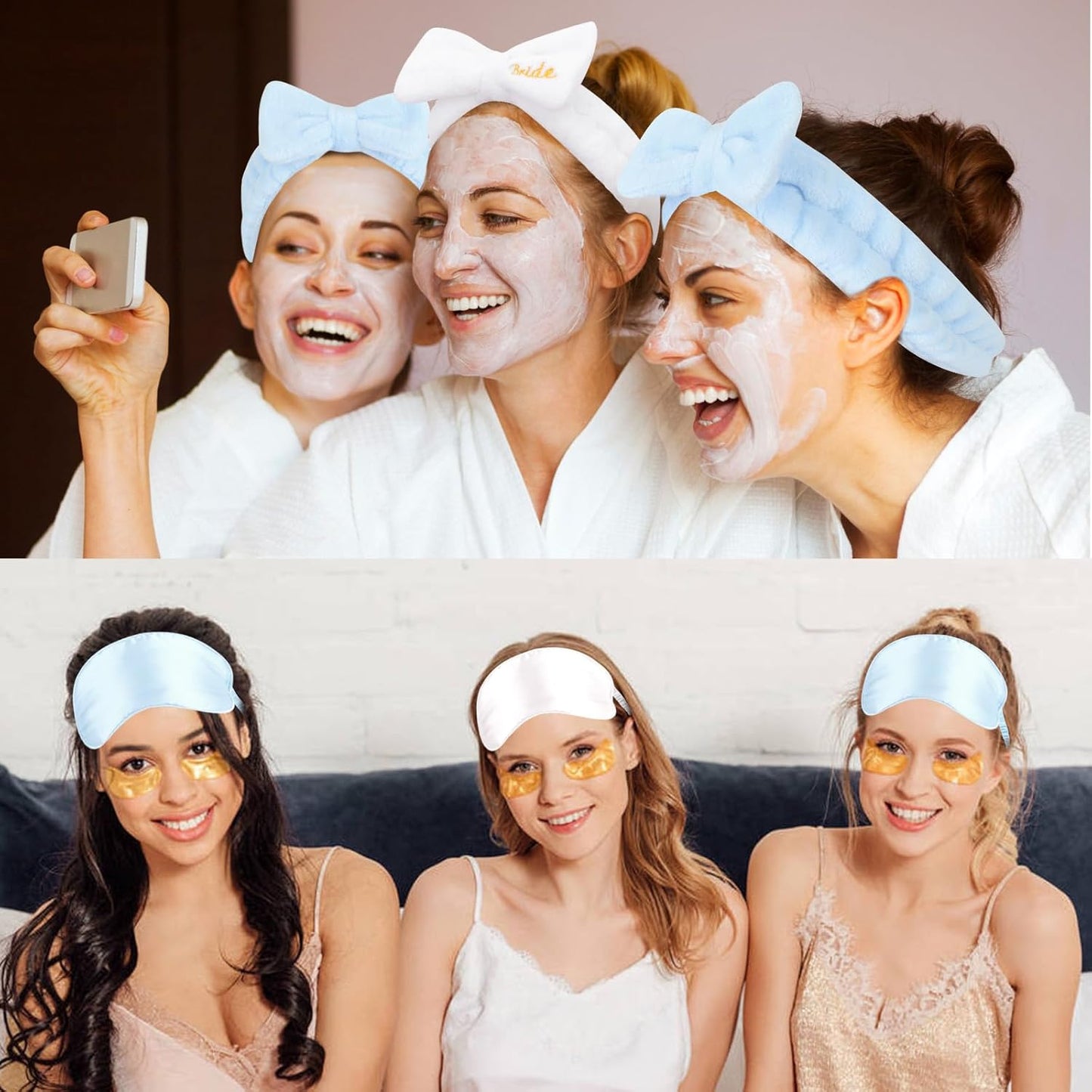 Wecoe 12pcs/set Bow Spa Headbands & Eye Masks - Bachelorette Party Favors, Bridal Shower & Bridesmaid Proposal Gifts(White, Blue)