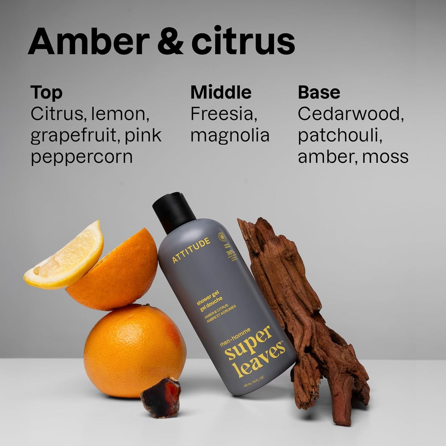 ATTITUDE Shower Gel Body Wash for Men, 98% Natural Origin Ingredients, Paraben & Phthalate Free, EWG Verified, Cleanses Without Drying, Amber & Citrus, 14 Fl Oz (Pack of 3)