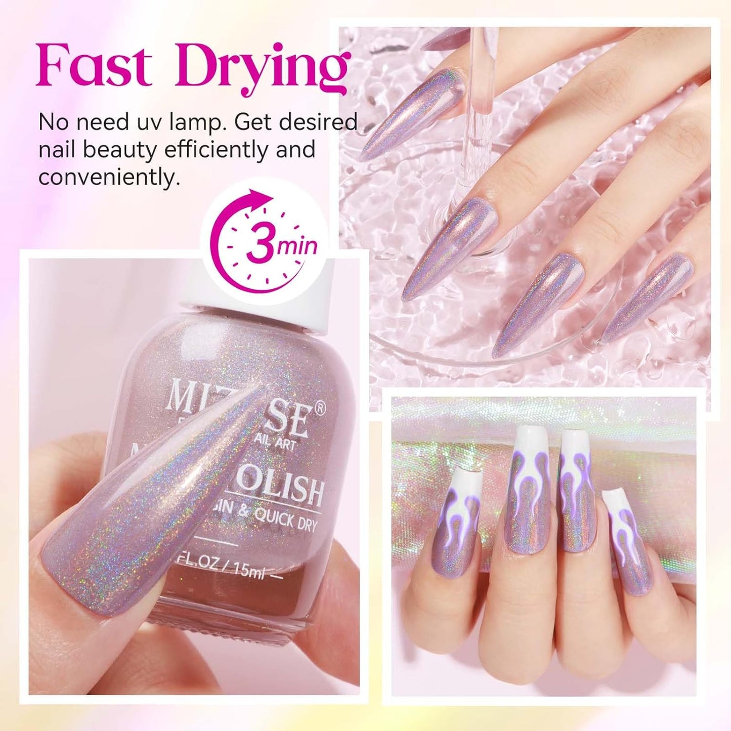 MIZHSE Holographic Nail Polish, Light Purple Glitter Nail Polish Air Dry Fast, 15ml/0.5 fl oz High Glossy Shimmer Nail Pigment Laser Oil-based Nail Lacquer Chrome Halo Nail Art Salon Manicure at Home