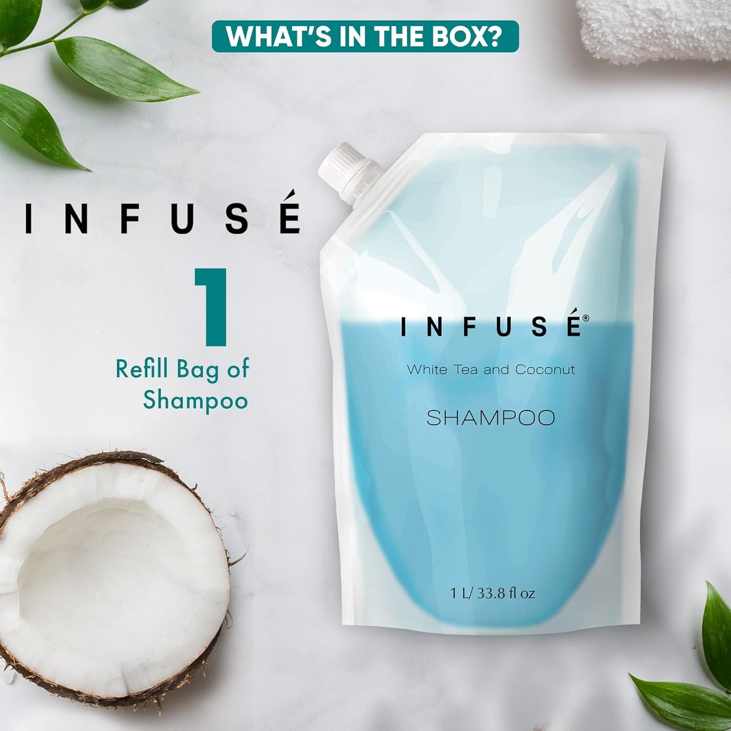 1 Liter Shampoo Refill Bag For Soap Dispensers | Bulk Toiletries for Vacation Rentals, and Home Bathroom Showers | White Tea and Coconut | Single