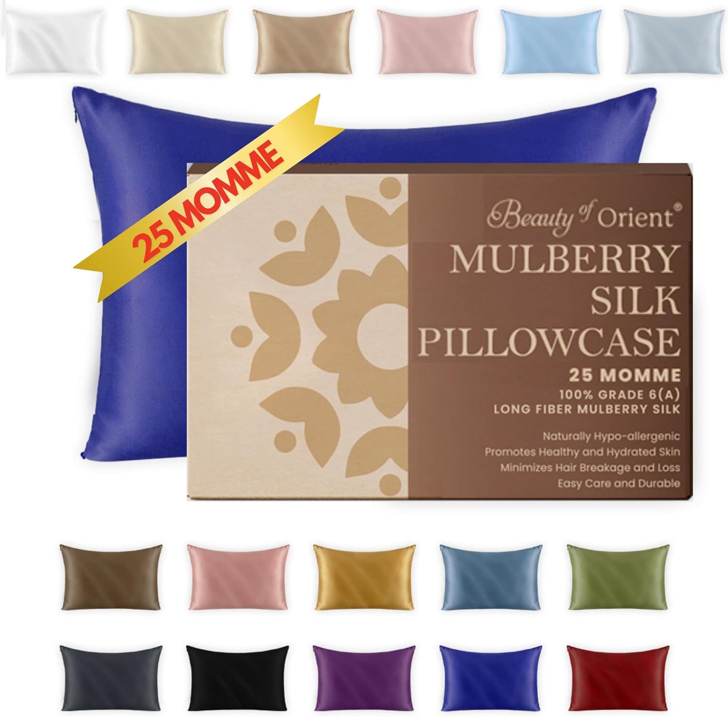25 Momme Premium Mulberry Silk Pillowcase for Hair and Skin | Handcrafted Hypoallergenic & Anti-Acne Silk Pillow Cases with Zipper | King - 20" x 36", Royal Navy