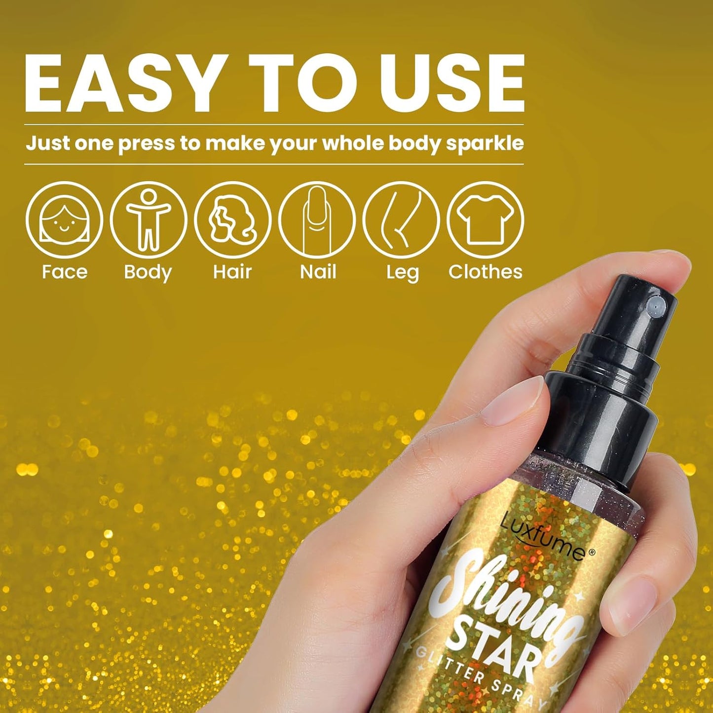 Gold Body Glitter Spray & Glitter Hairspray - Long-Lasting, Ultra-Shiny, Quick-Dry, Waterproof, Non-Clog Nozzle for Parties, Dances, Festivals, and Special Events