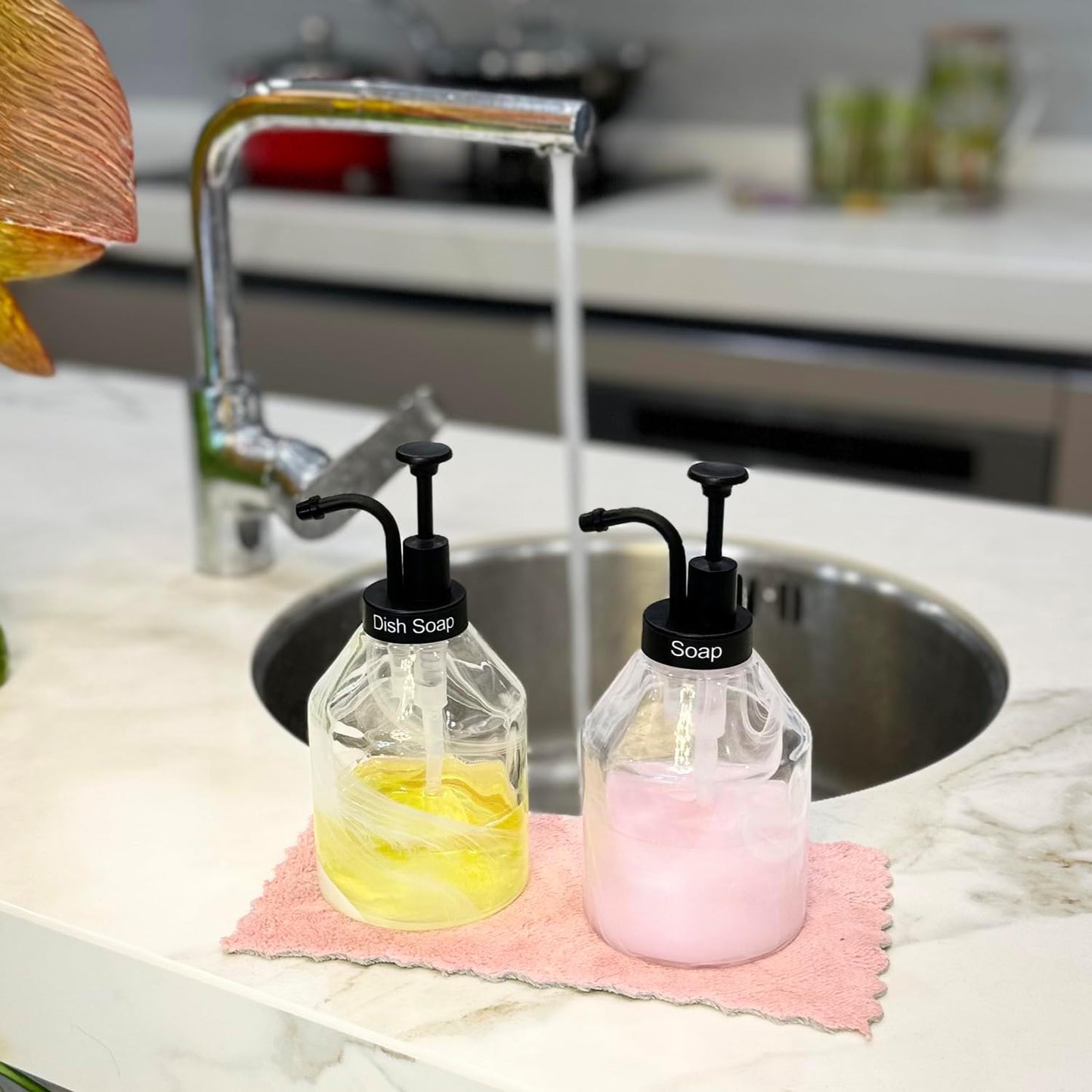 Bathroom Glass Soap Dispenser Set, 2 Pcs 375ml/12.7 Oz Unique 3D Cloud Pattern Thick Glass Soap Bottle with Smooth Action Rust-Free Black ABS Pump for Kitchen Counter Dish Soap Dispenser