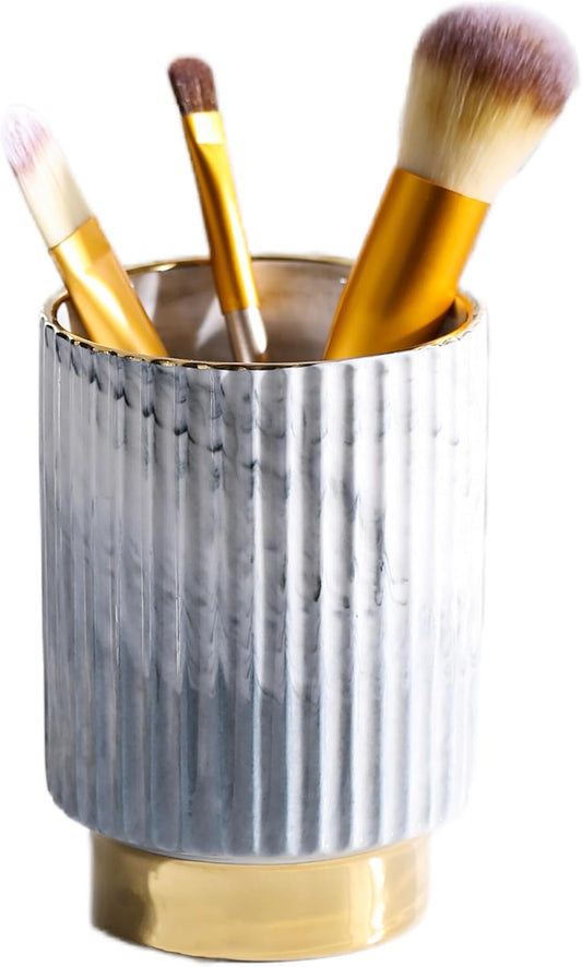 IEEK Makeup Brush Holder Organizer - Comb Brushes, Pens, Pencils, Glasses & Toothbrushes - European Style Striped Container, Grey and Gold