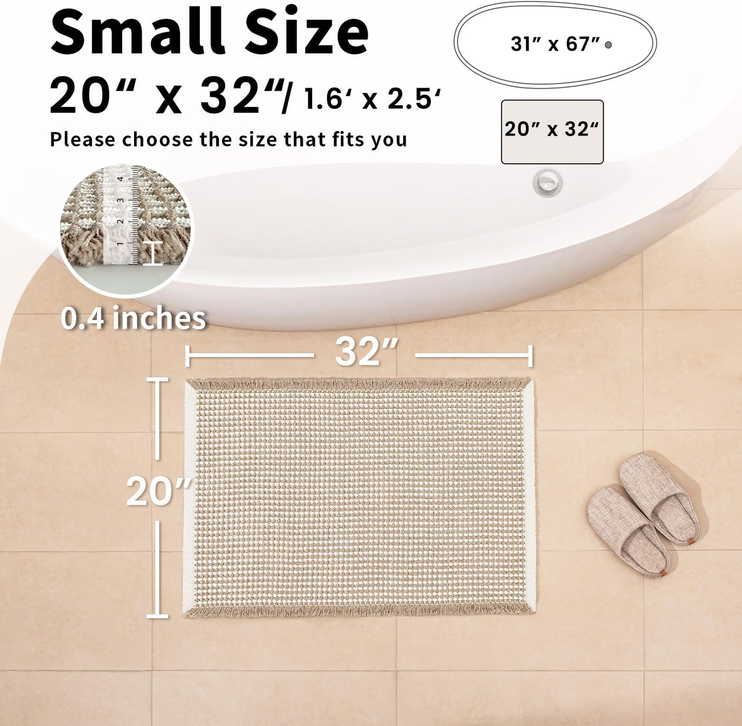 Waffle Bath Mat - Boho Bathroom Rugs Non Slip Washable, Super Absorbent & Quick Dry, Soft Bath Mat Farmhouse Bathroom Decor, 20'' x 32'', Khaki and White