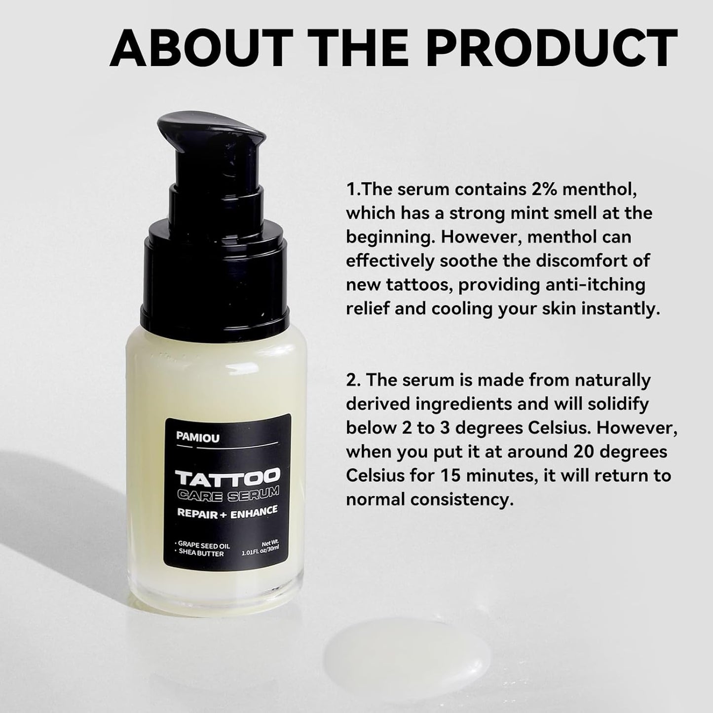 Tattoo Aftercare Serum & Moisturizer For Fresh Tattoo Care, New Tattoo Skin Repair & Anti-Itch, 48% Grape Seed Oil, Tattoo Supplies with Naturally Derived Ingredients, Petroleum Free -1 Fl oz