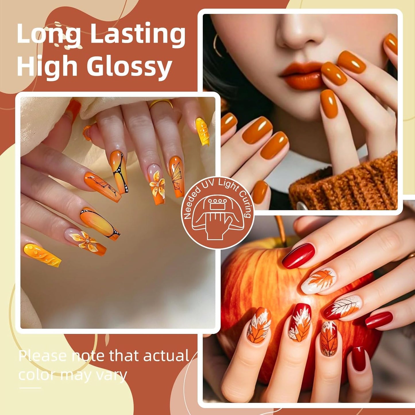 Solid Gel Nail Polish Set, 9 Colors Red Orange Shimmer Solid Cream Gel Polish Palette with Brush, Solid Ombre Nail Polish for Women DIY Manicure Art