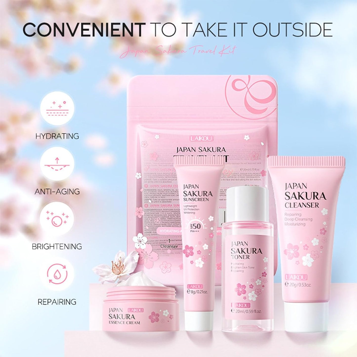 Sakura Travel Skincare Set for Teenage Girls - Face Routine Set for Women,4 Piece Gentle Skin Cleaning & Care Travel Size Kit With Cleanser, Toner, sunscreen and Face Cream