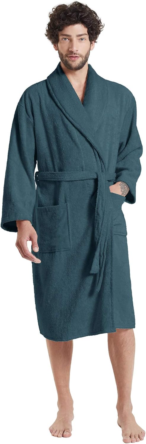 SIORO Mens Terry Bath Robe, Plush Hooded Cotton Cloth Knee-Length Robes for Spa, Shower, Soft Towel Bathrobes with Pockets