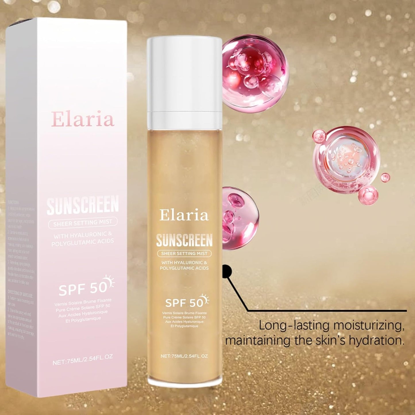 Elaria Sheer Setting Mist Sunscreen SPF 50, Shimmer Body Oil Spray for Face & Body, Lightweight, Non-Greasy, Hydrating Makeup-Friendly Glow Spray for All Skin (1)