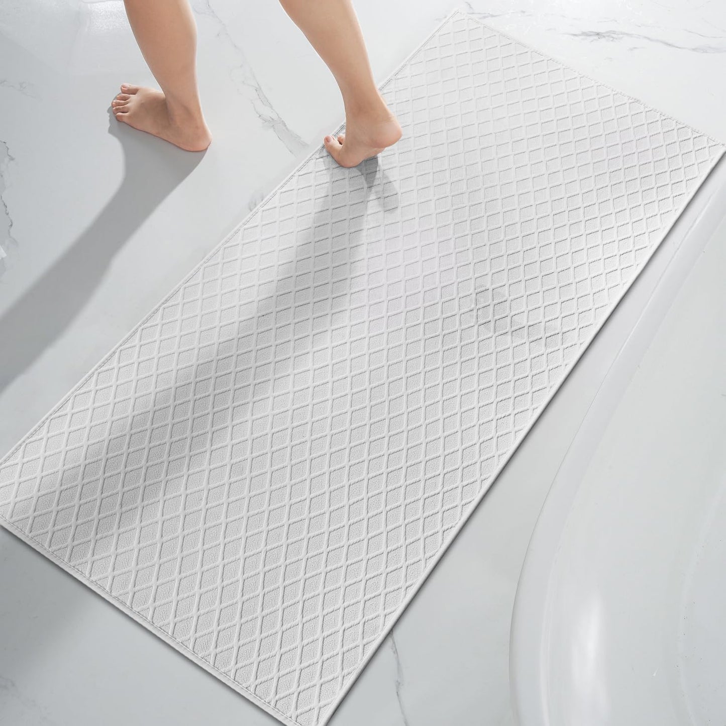 AMOAMI Bath-Mat,Ultra Thin Bath-Rugs Runner,Rubber Backed Bath Mats for Bathroom Non Slip, Absorbent Bath Rug for Bathroom Floor, Shower, Sink 2'x 4'(24" x 47") White