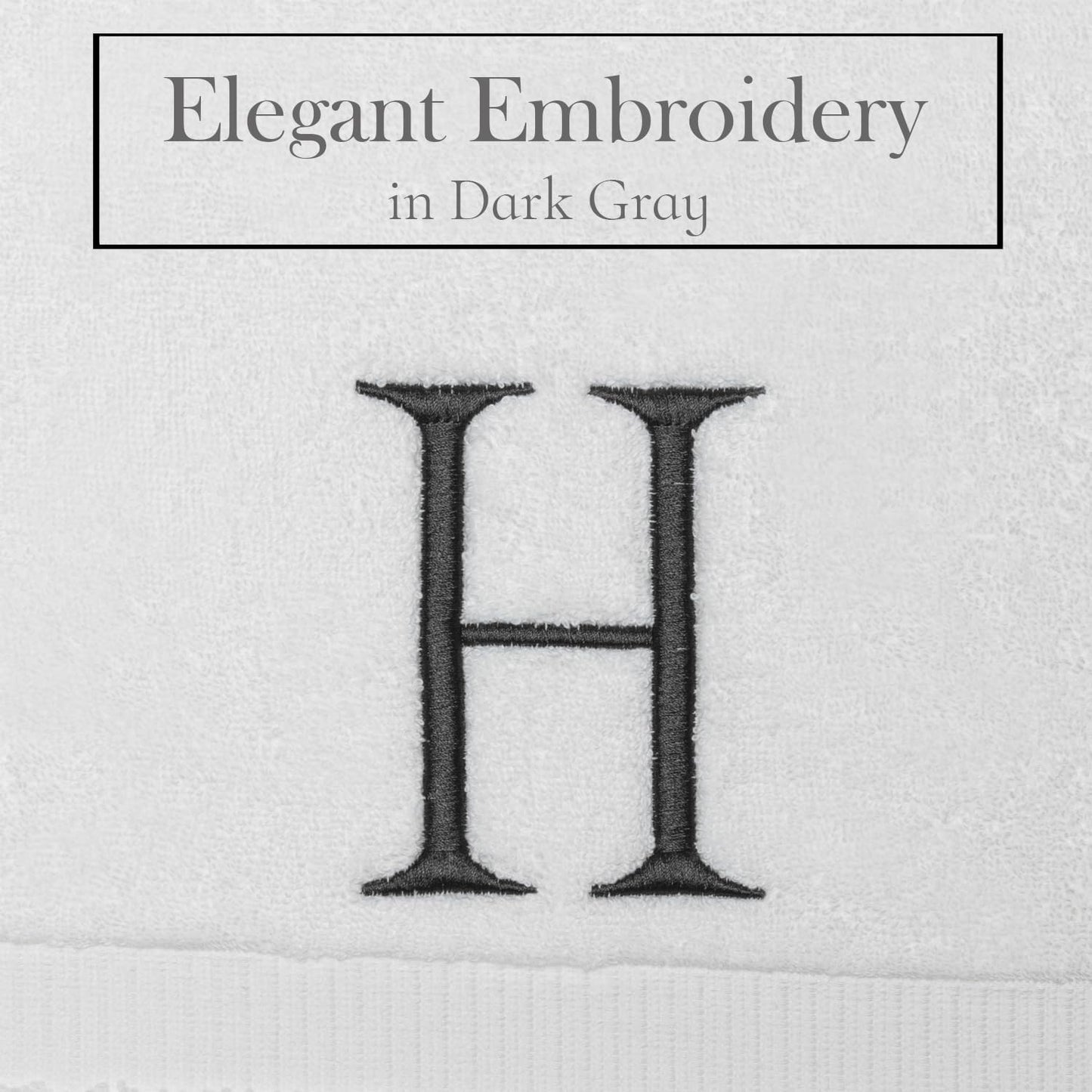 White and Dark Gray Monogrammed Hand Towel - Monogram Initial Hotel Quality Decorative Embroidered Luxury Towel for Powder Room, Spa - GOTS Organic Certified - Set of 2 Letter H