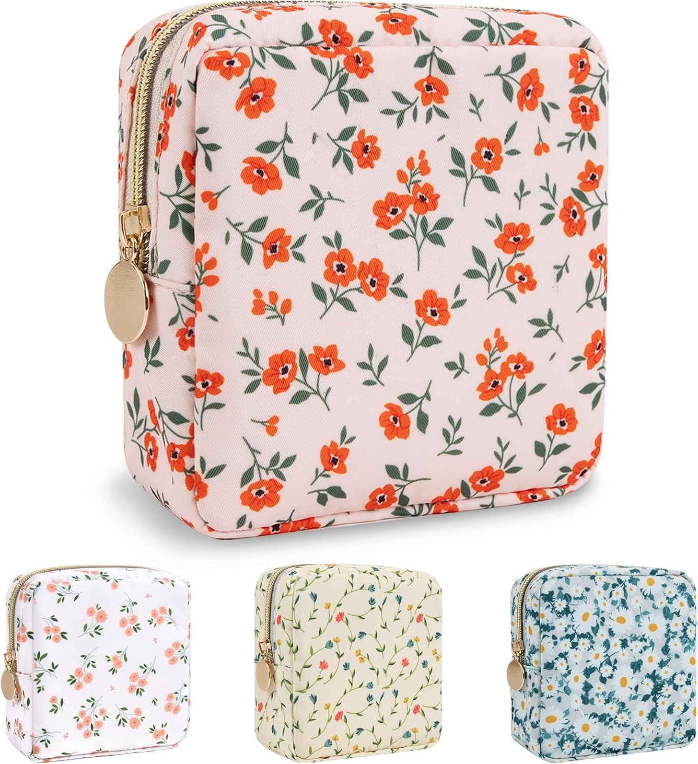 Nylon Mini Floral Makeup Bag for Purse, Small Cute Pink Makeup Bag Preppy Flower Cosmetic Zipper Pouch, Waterproof Travel Coin Pouch Sanitary Napkin Storage Bag Makeup Organizer for Women(Pink-Floral)