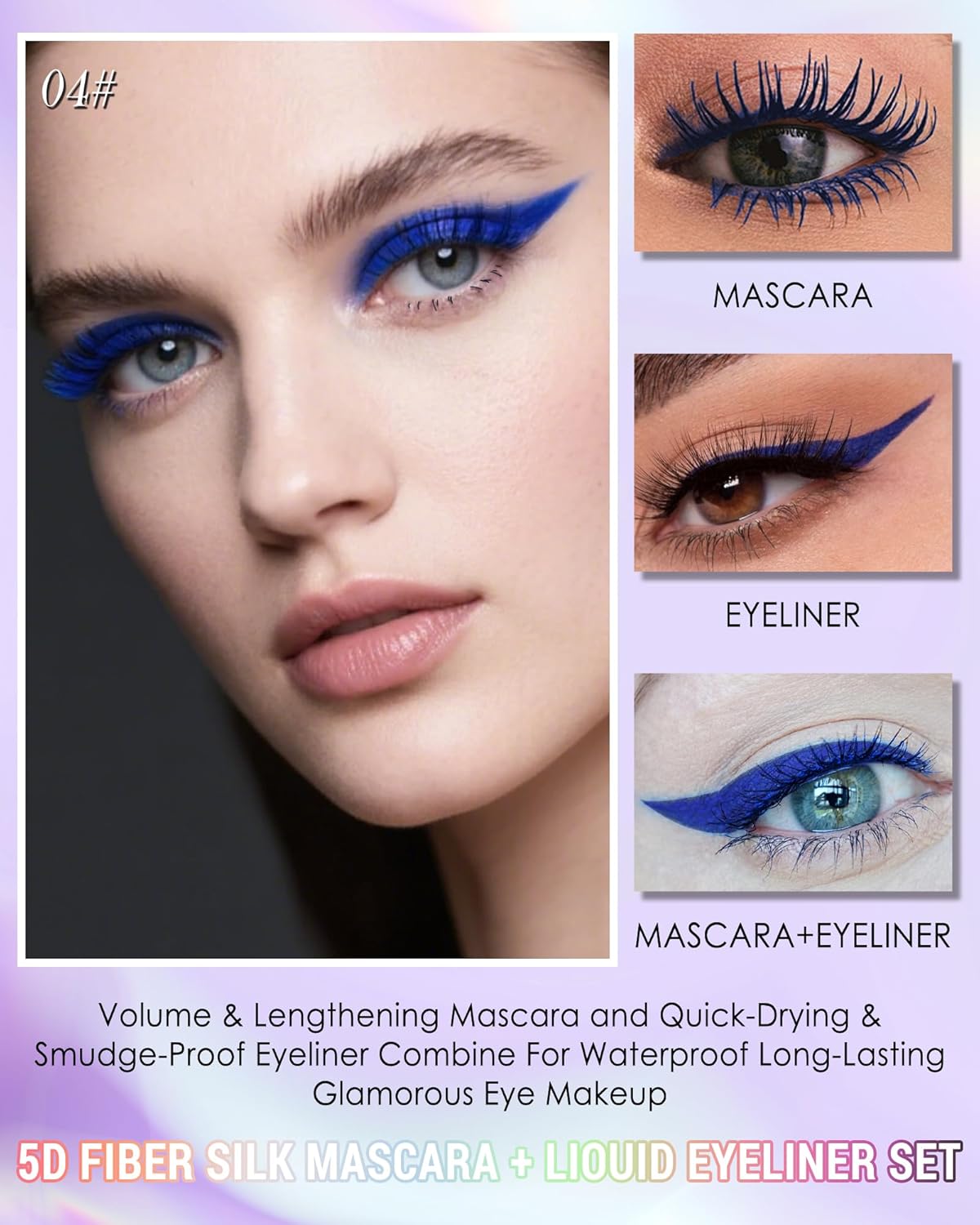 Blue Mascara Liquid Eyeliner Set, Update Longlasting Waterproof Color Eye Liner Pen, 5D Silk Fiber Colored Mascara Volume and Length, Halloween Party Stage Use Eye Makeup Gift Kit for Women Girl-04