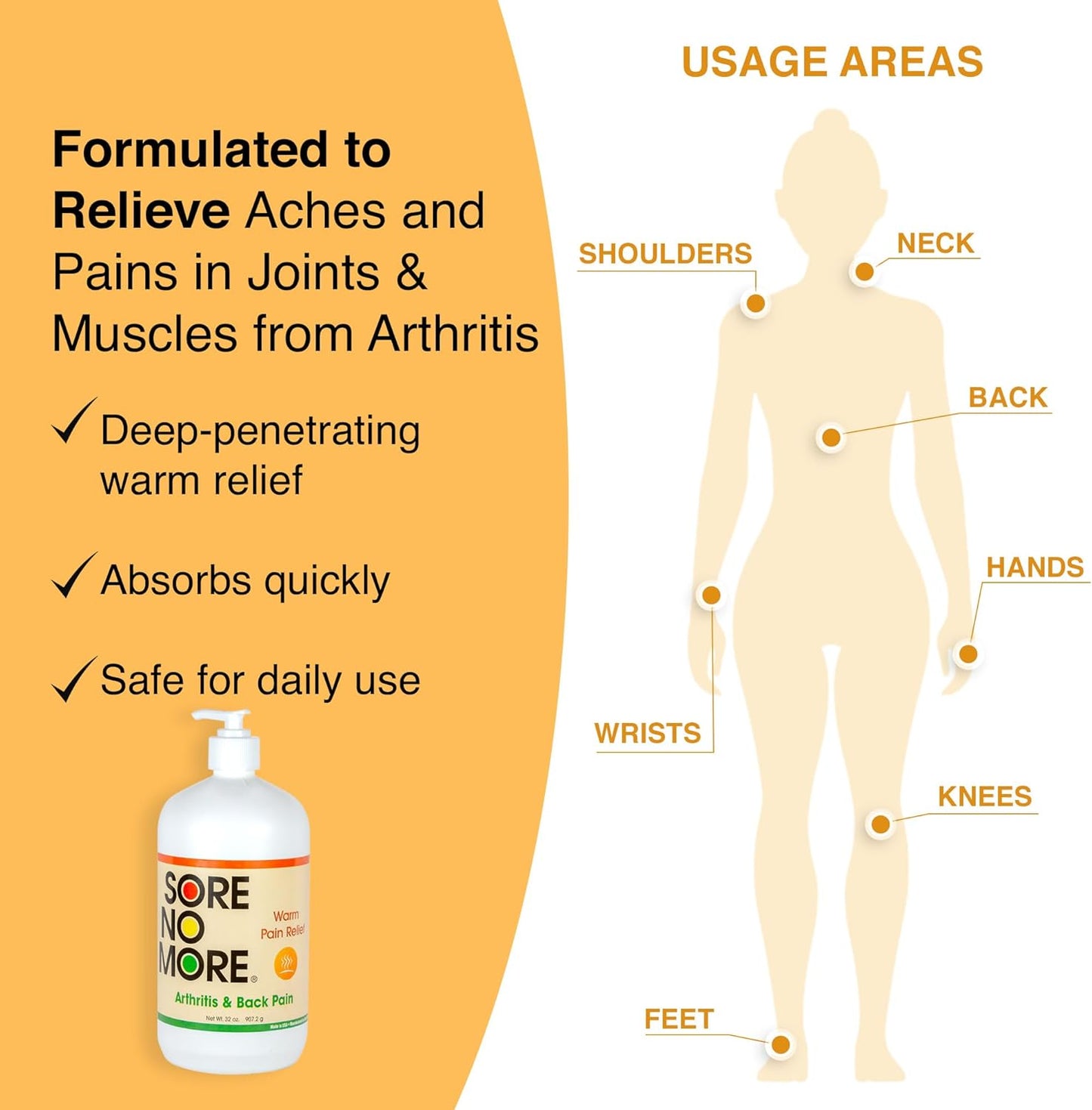 Sore No More Warm Arthritis Pain Relief Cream – Targeted Reliever for Back, Neck, Hands & Feet – Soothing & Fast-Acting Formula for Aches and Pains – Non-Greasy with Orange Aroma – 32 oz